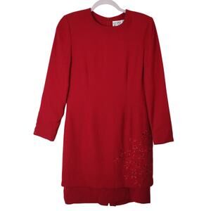 Vintage 90s Kasper Petite Red Dress Attached Skirt Holiday Party Embroidery 4P